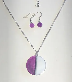Silver Tone Purple & White Half-Moon Pendant Necklace and Earring Set thumbnail 1