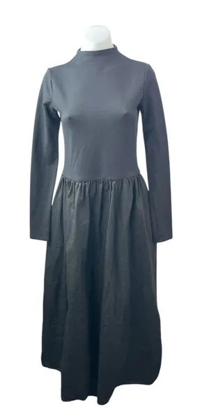 Marcella Women's Black Long Sleeve Mock Neck Pleated Fit & Flare Maxi Dress Sz M thumbnail 1