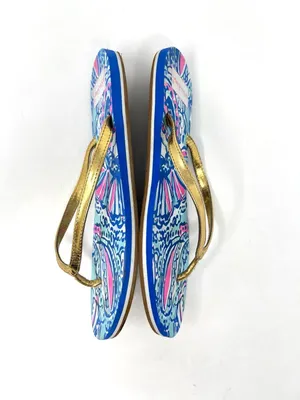 Lilly Pulitzer Coastal Blue Pink Print Gold Metallic Strap Flip Flops 9.5 thumbnail 4