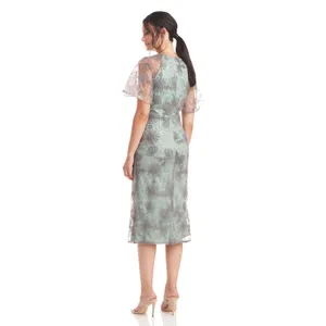 JS Collections Remy Sage Embroidered Flutter Sleeve Sheath Cocktail Midi Dress 6 thumbnail 3