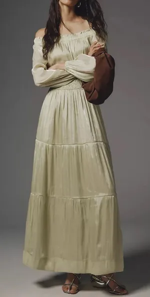 Anthropologie Somerset Women’s Off-Shoulder Shimmer Green Maxi Dress Size XXS thumbnail 1