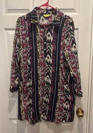 Roller Rabbit Womens L Cotton Ikat Print Tunic Dress Purple Navy Olive Pockets‎ thumbnail 1