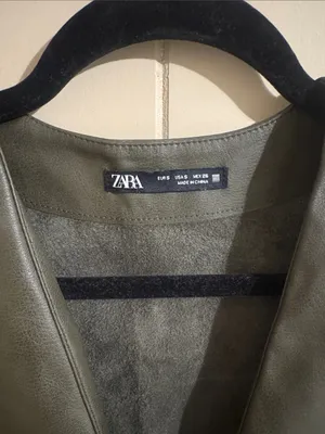 Zara Olive Green Faux Leather V-Neck Dress with Ruffle Hem thumbnail 4