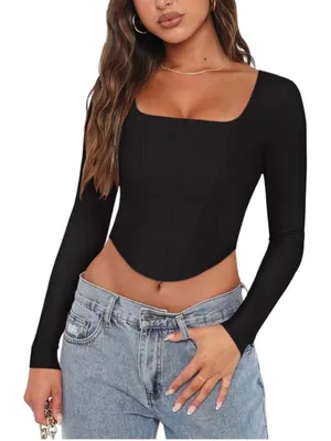 NEW REORIA Square Neck Long Sleeve Y2K Boned Bustier Corset Crop Tops XL thumbnail 1