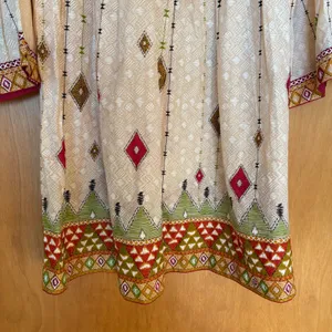 Almirah Lawn Pret Suit Women Small Off-White Cotton Tribal Print‎ Tassel Kurti thumbnail 2