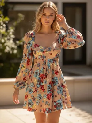 AFRM Anita Babydoll Mini Dress in Aqua Bouquet Sz Small Floral Boho Cottagecore thumbnail 1