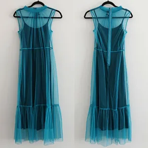 DKNY Blue & Black Mesh 2PC Layered Mock Neck Sleeveless Midi Dress Set Size XS thumbnail 2
