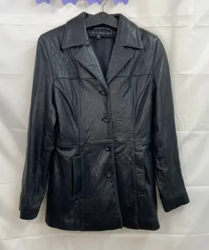 Vintage JLC women's black genuine leather collared button‎ pocket lined jacket M thumbnail 1