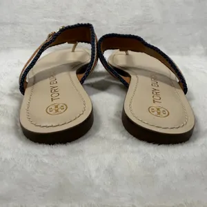 Tory Burch Eleanor Thong Sandal Beige Multi Striped Canvas Gold Chain Flat 5.5 thumbnail 4