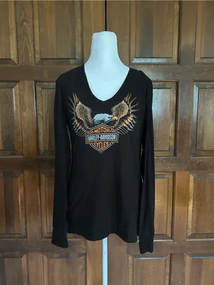 Harley-Davidson Women M‎ Black Long Sleeve V-Neck Eagle Graphic Shirt Bumpus TN thumbnail 2