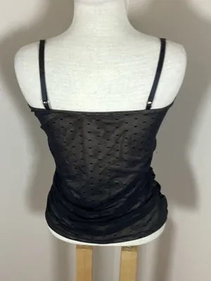 White House Black Market Black Polka Dot Mesh Surplice Cami Top Size L thumbnail 3