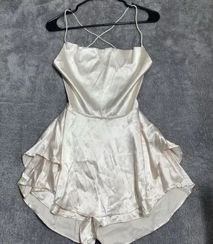 Unbranded Satin‎ Romper Women S Champagne Cowl Neck Lace Up Back Tiered Ruffle thumbnail 1