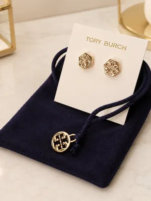 Tory Burch Gold Tone Hexagon Double T Logo Stud Earrings NWT thumbnail 1