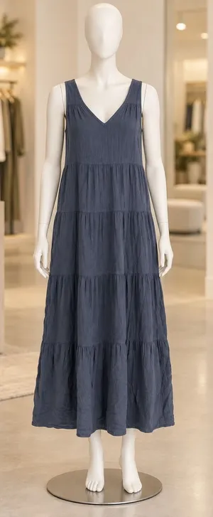 Quince Womens Dress Organic Cotton Tiered Maxi V-Neck Slate Blue Small thumbnail 1