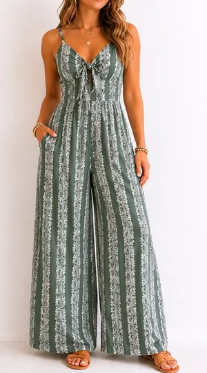 Su Wish Green Paisley Jumpsuit Womens XL Boho Wide Leg Tie Front thumbnail 1