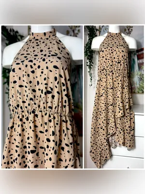 Shein Beige Black Cheetah Print Halter Ruffle Asymmetric Dress XL 12 Stretch thumbnail 2