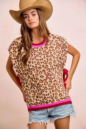 BiBi Leopard Pattern Side Tied Sweater Vest Top thumbnail 1