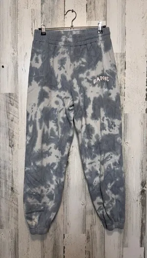 Baddie Graphic Tie Dye Fleece Joggers Sweatpants Womens Small Grey White thumbnail 1