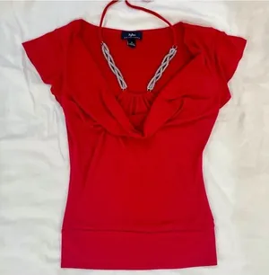 Y2K Red Halter Top Large Tie Neck Beaded Babydoll Tank Glam Embellished Date thumbnail 1