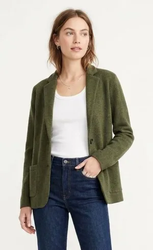 J Crew Olive Army Green Knit Long Sleeve Button Schoolboy Blazer M thumbnail 1
