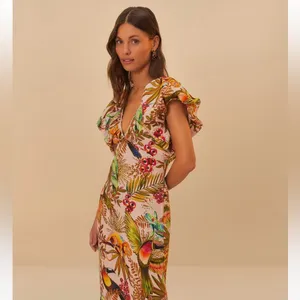 NWT Farm Rio Into The Jungle Premium Linen Midi Dress Pink XS thumbnail 3