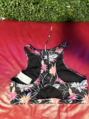 Roxy Black Floral High-Neck Crop Top with Pink & Purple Flowers thumbnail 2