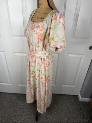 Gibson Latimer Floral Puff Sleeve Midi Dress Belted Size L thumbnail 6