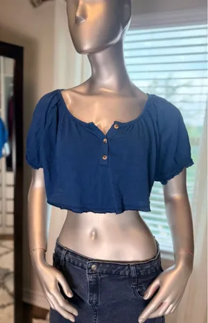 Anthropologie Pilcro Blue Cropped Peasant Top Boho Puff Sleeve Button Large thumbnail 1