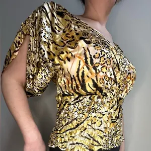 Cache Vintage 1980s Gold Cheetah Print Silk Dolman‎ Blouse Cinched Waist Women S thumbnail 6