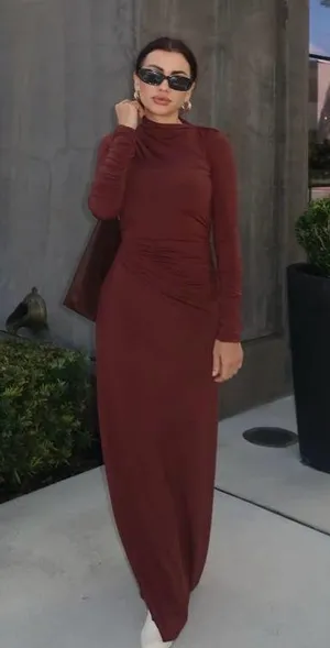 Zara Elegant Burgundy brown wine Maxi Dress stretchy long Sleeve Casual bodycon thumbnail 3