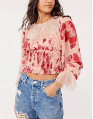Free People red and pink lace top thumbnail 4