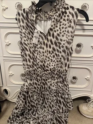 Express Brown and Cream Smocked Neck Animal Print Dress thumbnail 3