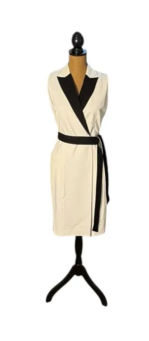 Calvin Klein Size 2 Tuxedo Wrap Dress Black White Belted Sleeveless Workwear thumbnail 1