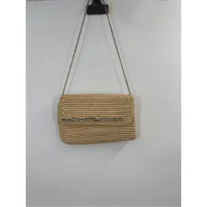 Poolside Gold Chain Women's Clutch Beige Seashell Raffia Crossbody thumbnail 4
