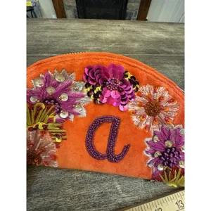 Anthropologie Monogram Crescent‎ Pouch Orange with purple monogrammed A thumbnail 6