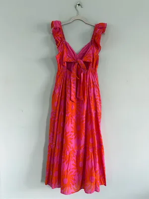 NWT J.Marie Mara Ruffle Sleeve Sunshine‎ Print Pink Boho Tie Back Midi Dress thumbnail 5
