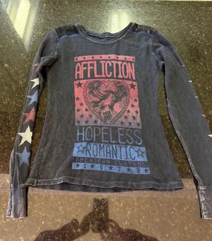 Affliction Ladies Long Sleeve Waffle Knit Shirt Sz S Lace Stars Black Biker thumbnail 1