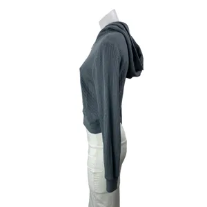 Aritzia TNA Blue Waffle Knit Thermal Full Zip Cropped Hoodie Hooded Sweatshirt S thumbnail 2