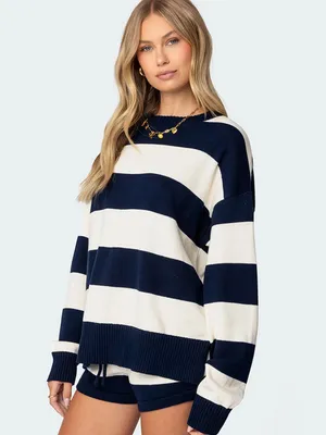 NWT Edikted Riley Oversized Striped Sweater cream/navy size medium thumbnail 3