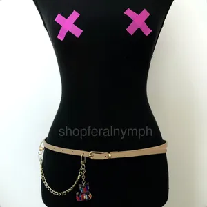 Tan Y2K Bookworm Cat Charm Skinny Chain Belt, Fits 33.5-35 Inches, X7GA1243 thumbnail 2