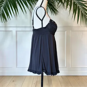 Black Lace Babydoll Lingerie Chemise Ruffle Hem Romantic Sheer Nightie Size M thumbnail 2