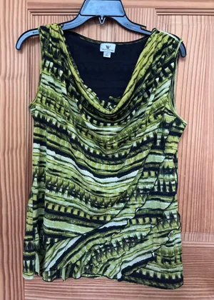 White House Black Market Green Patterned Draped Neck Sleeveless Blouse thumbnail 1