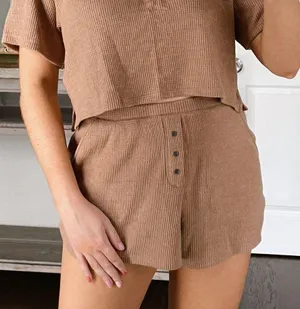 Abercrombie & Fitch Waffle Knit Shorts Size Large Tan Brown Cozy Lounge thumbnail 1