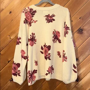 Altar’d State tan & maroon large floral puff sleeve sweater thumbnail 5