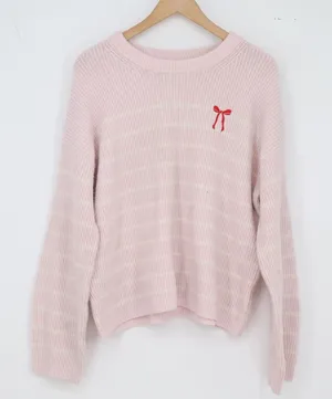 A New Day Sweater Womens XL Pullover Pink Striped Bow Embroidered Excellent thumbnail 1