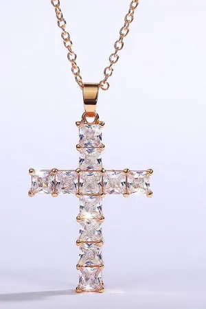 Gold Cross Necklace CZ Cubic Zircon Diamond Pendant, Jesus, Church, Bling thumbnail 3
