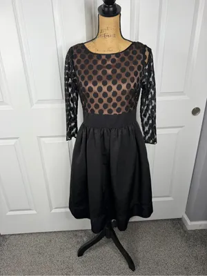 Eliza J Size 8 Black Polka Dot Mesh Fit & Flare Cocktail Dress thumbnail 2