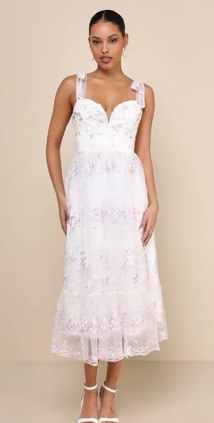 LULUS Distinctly Sweet White Floral Embroidered Tie Strap Midi Dress thumbnail 1