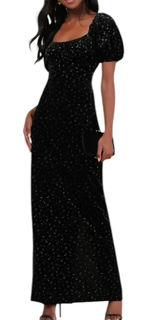 NWT Lulus Expert Charm Black Ditsy Floral Velvet Puff Sleeve Maxi Dress Size XS thumbnail 1