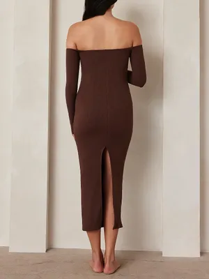 NWT Bumpsuit Sculpting Rib Off Shoulder Maternity Dress XS Brown Bodycon Midi thumbnail 4